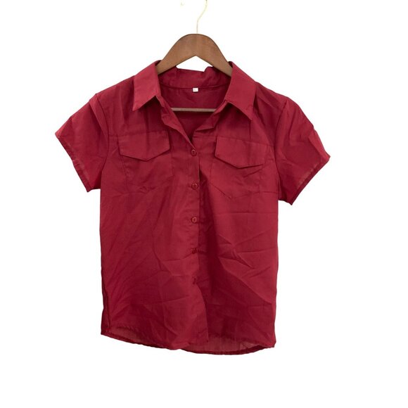 Womens Red Short-Sleeve Button-Up Shirt W/ Front Pockets  Large  100% Polyester - Picture 1 of 4